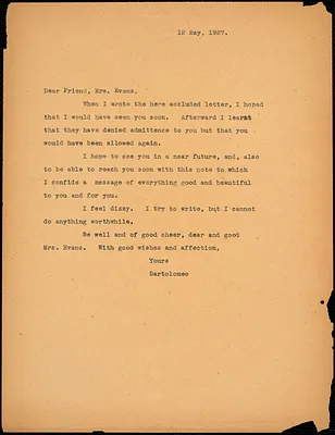 Bartolomeo Vanzetti typed note (copy) to Elizabeth Glendower Evans, [Dedham], 12 May 1927