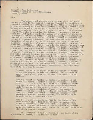 Citizens National Committee for Sacco and Vanzetti typed letter (copy) to John G. Sargent, [Boston, Mass., 1926?]