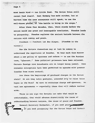 Presidential Address: Brandenburg Gate, (West) Berlin, German, Friday, June 12, 1987 (5/29/1987 draft, pages 5-6)