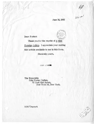 Letter from Secretary of State Dean Acheson to John Foster Dulles, with Attachment