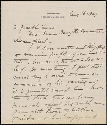 Eva W. Schutze autograph letter signed to Joseph Moro, Woodstock, N.Y., August 16, 1927