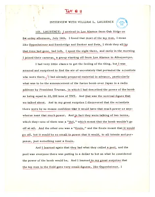 Transcript of Lansing Lamont Interview with Reporter William Laurence (Tape 11)