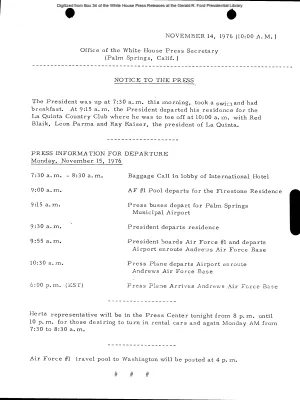 Press information for departure, Monday, November 15, 1976 [Schedule]