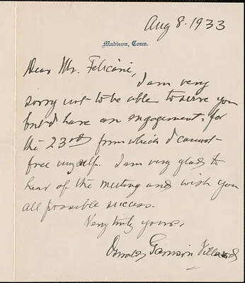 Oswald Garrison Villard autograph note signed to [Aldino] Felicani, Madison, Conn., August 8, 1933