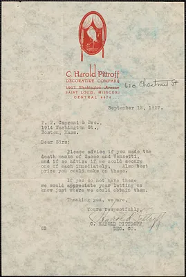 C. Harold Pittroff typed letter signed to P. P. Caproni & Bro., St. Louis, Mo., September 12, 1927