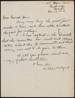 William Walpert autograph letter signed to Joseph Moro, Cambridge, Mass., December 22, 1926