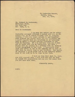 Creighton J. Hill typed letter (copy) to Richard [D]e Rochemont (The New York Sun), [Boston, Mass.], December 20, 1929