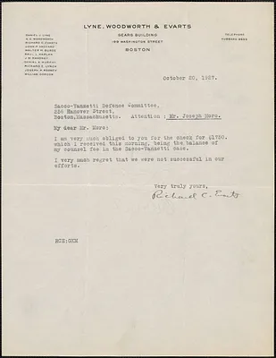 Richard C. Evarts typed note signed to Joseph Moro, Boston, Mass., November 20, 1927
