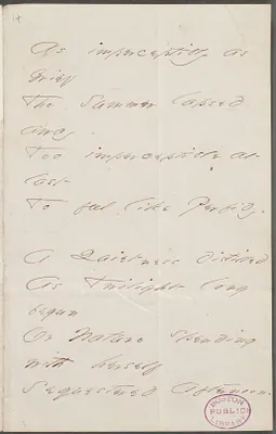 Emily Dickinson, Amherst, Mass., autograph manuscript poem: As imperceptibly as Grief, 1866