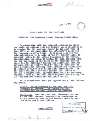 Memorandum from John Foster Dulles to President Dwight D. Eisenhower With Proposed Plans for the Saint Lawrence Seaway Opening Celebration