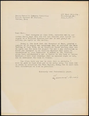 Leonard Craig (Sacco-Vanzetti Defense Committee of Western Pennsylvania) typed letter signed to Sacco-Vanzetti Defense Committee, Pittsburgh, Pa., July 6, 1927