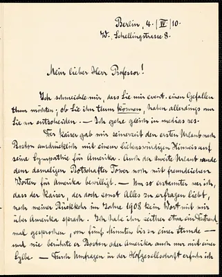 Muck, Karl, 1859-1940 autograph letter signed to Hugo Münsterberg, Berlin, 4 April 1910