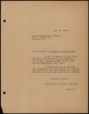 Sacco-Vanzetti Defense Committee typed letter (copy) to James P. Cannon (International Labor Defense), Boston, Mass., August 31, 1925