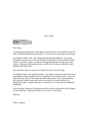 Letter to James Brothers IV From Dr. Dr. Robert J. Kapsch Discussing Research Materials, May 1, 2003