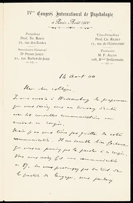 Janet, Pierre, 1859-1947 autograph letter signed to Hugo Münsterberg, Paris, 14 August 1900
