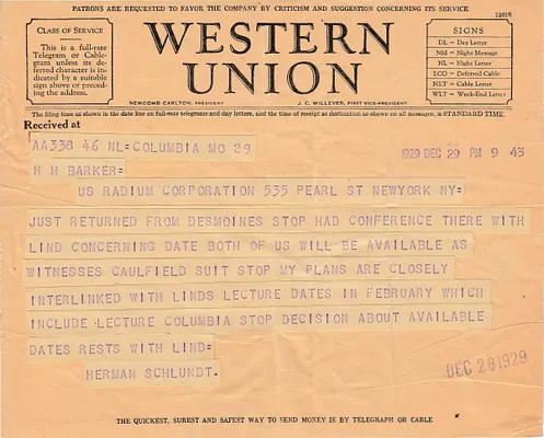 Telegram to H.H. Barker, December 29, 1929
