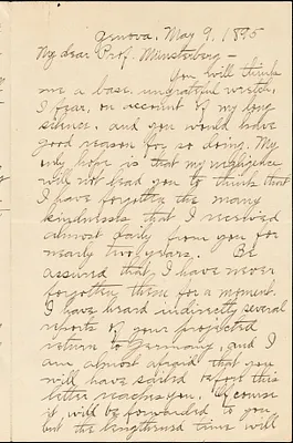 Pierce, Arthur Henry, 1876-1914 autograph letter signed to Hugo Münsterberg, Genoa, Italy, 09 May 1895