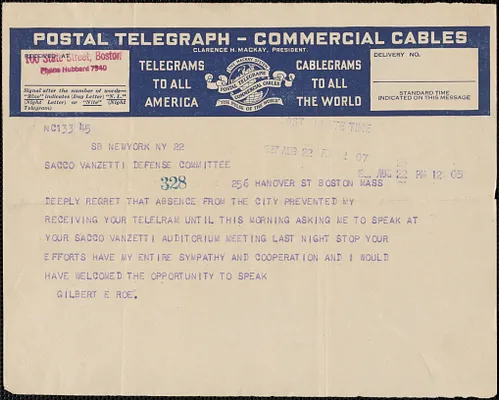 Gilbert E. Roe telegram to Sacco-Vanzetti Defense Committee, New York, N.Y., August 22, 1927