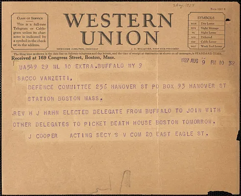 J. Cooper [Sacco-Vanzetti Defense Committee, Buffalo?] telegram to Sacco-Vanzetti Defense Committee, Buffalo, N.Y., August 9, 1927