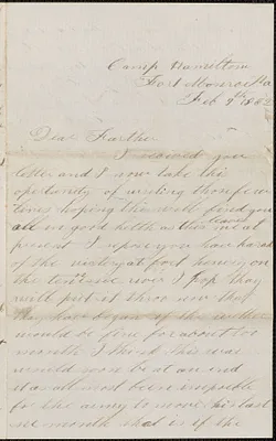 Letter from John Jubb, Camp Hamilton, Fort Monroe Va., to Thomas Jubb, West Chelmsford, Mass., February 9, 1862