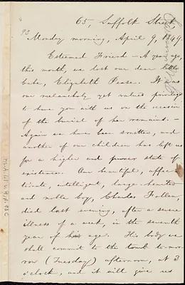 Letter from William Lloyd Garrison, 65 Suffolk Street, [Boston, Mass.], to Theodore Parker, Monday morning, April 9, 1849