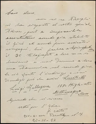 G. Carta (Sotto Comitato di Difesa Pro Sacco e Vanzetti) autograph letter signed, in Italian, to Sacco-Vanzetti Defense Committee, Brooklyn, N. Y., October 20, 1927