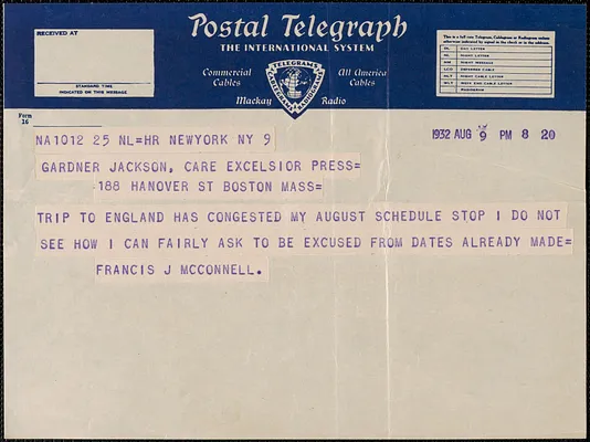 Francis J. McConnell telegram to Gardner Jackson, New York, N. Y., August 9, 1932