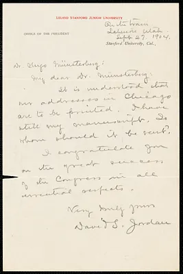 Jordan, David Starr, 1851-1931 autograph letter signed to Hugo Münsterberg, On the train, Lakeside, Utah, 27 September 1904