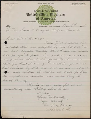 John R. Wood (United Mine Workers of America, Local 3192) autograph letter signed to Sacco-Vanzetti Defense Committee, Johnston City, Ill., December 6, 1924