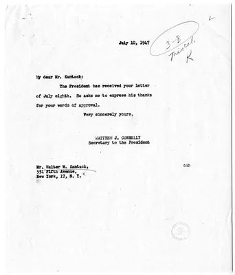 Letter from Walter Kantack to President Harry S. Truman, with a Reply from Matthew Connelly