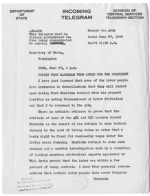 Telegram from Averell Harriman to President Harry S. Truman