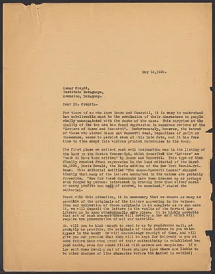 Sacco-Vanzetti Case Records, 1920-1928. Correspondence. Gardner Jackson to O. Creydt, May 1929. Box 41, Folder 49, Harvard Law School Library, Historical & Special Collections