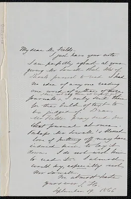 Sophia Hawthorne autograph note signed to James Thomas Fields. [Concord], 19 September 1866