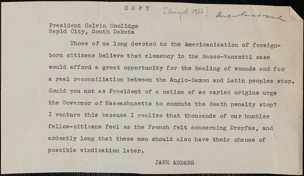Jane Addams typed letter (copy) to Calvin Coolidge, [Chicago, Ill], approximately [August 1927]