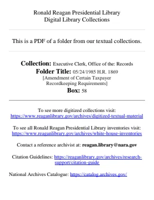05/24/1985 H.R. 1869 [Amendment of Certain Taxpayer Record keeping Requirements]