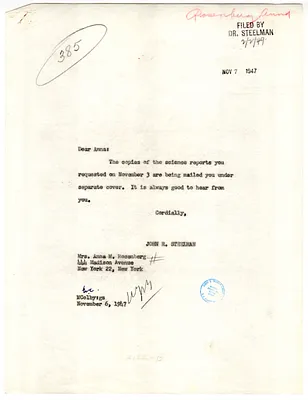 Letter to Anna Rosenberg from John R. Steelman, with Attachments