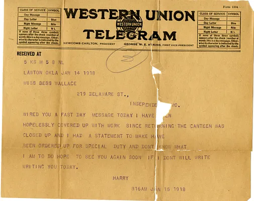 Telegram from Harry S. Truman to Bess Wallace