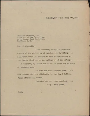 Typed letter (copy) to Eustace Reynolds, Batavia, N. Y., July 7, 1922