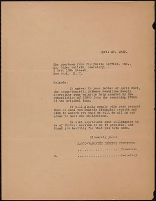 Sacco-Vanzetti Defense Committee typed letter (copy) to The American Fund for Public Service, Inc., Boston, Mass., April 27, 1925