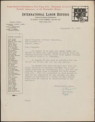 James P. Cannon typed letter signed to Sacco-Vanzetti Defense Committee, Chicago, Ill, September 27, 1927
