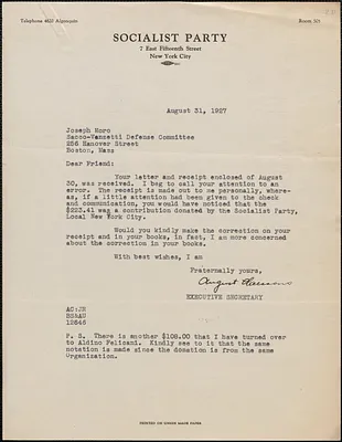 August Claessens (Socialist Party) typed letter signed to Joseph Moro, New York, N. Y., August 31, 1927