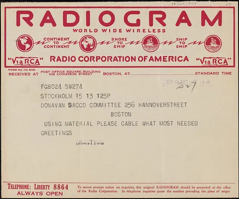 Georg Branting telegram to Mary Donovan, Stockholm, Sweden, September 13, 1927