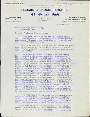 Badger, Richard G., fl.1910. typed letter signed to Hugo Münsterberg, Boston, 08 April 1910