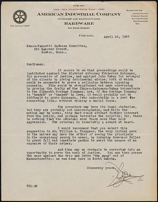 Theodore H. Lunde typed letter signed to Sacco-Vanzetti Defense Committee, Chicago, Ill., April 26, 1927