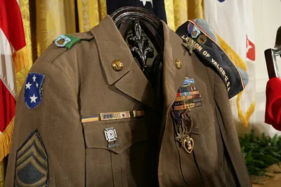 The Korean Era U.S. Army Jacket of MSG Woodrow Wilson Keeble is  Displayed in the East Room