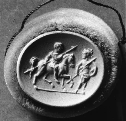Warrior on horseback preceded by Pallas