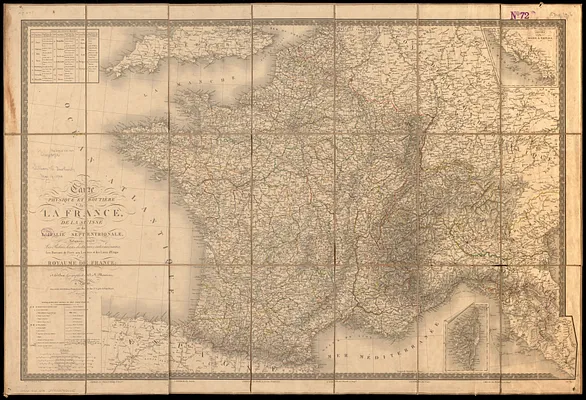 Carte physique et routière de la France, de la Suisse, et de l'Italie septentrionale, indiquant aussi les relais, leurs distances intermédiaires, les bureaux de poste aux lettres, et les lieux d'étape du Royaume de France
