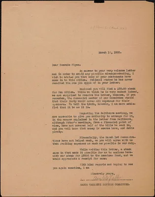 Amleto Fabbri (Sacco-Vanzetti Defense Committee) typed letter signed (copy) to Elizabeth Gurley Flynn, Boston, Mass., March 13, 1925