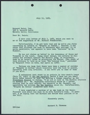 Herbert Brutus Ehrmann Papers, 1906-1970. Sacco-Vanzetti. Correspondence: Apr. 2, 1962 - Jan. 25, 1964. Box 11, Folder 7, Harvard Law School Library, Historical & Special Collections