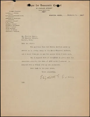 Elizabeth G[lendower] Evans (League for Democratic Control) typed letter signed to Fred H. Moore, Boston, Mass., December 5, 1922